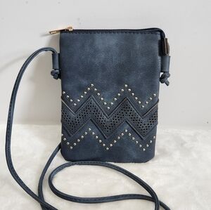 Boutique Blue Faux Leather Zig Zag Gold Embellished Crossbody Bag Purse